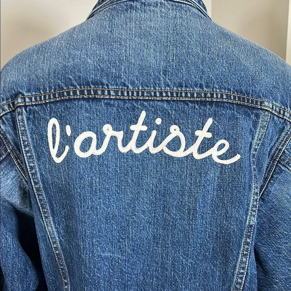 SANDRINE ROSE X FREE PEOPLE Denim Jacket Lartiste Blue Not Yours Embroidered NEW - Picture 8 of 11